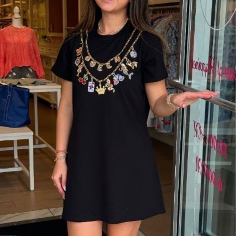 Queen of Sparkles (QOS) - Black Sequin Charm Necklace T-Shirt Dress - XS